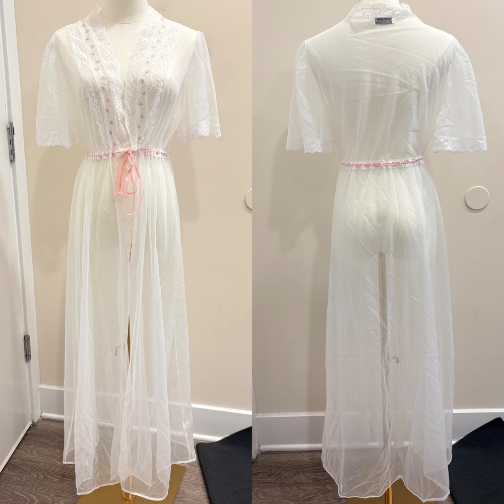 VTG 70s Gilead Sheer White Nylon Robe Lace Rosette Pink Ribbon Coquette Bridal S